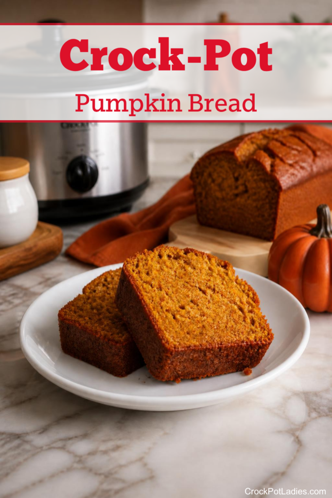 Two slices of moist pumpkin bread on a white plate in the foreground, with a whole loaf, a slow cooker, and a small decorative pumpkin in the background.