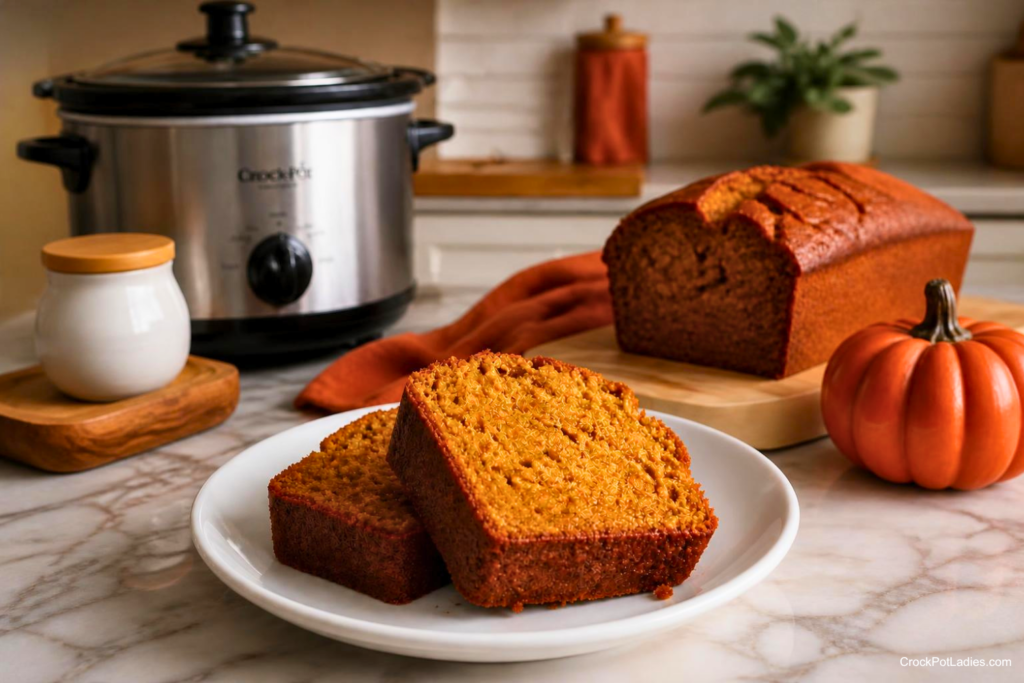 Two slices of Crock-Pot pumpkin bread on a white plate, with a whole loaf, a slow cooker, and a small decorative pumpkin in the background.