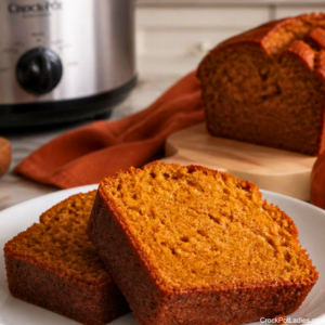 Two close-up slices of moist Crock-Pot pumpkin bread on a white plate, with a whole loaf and a slow cooker in the soft-focus background.