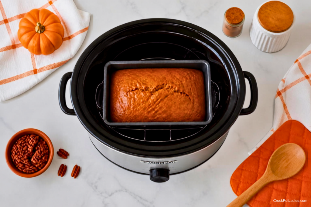 Overhead view of a loaf pan holding baked Crock-Pot pumpkin bread sitting on a wire rack inside a slow cooker, surrounded by a small pumpkin, pecans, and kitchen utensils on a white marble countertop.