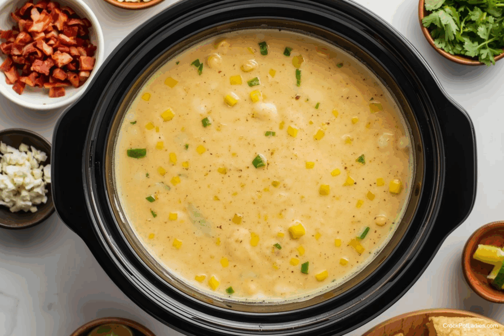 a black slow cooker filled with mexican street corn soup with small bowls of toppings for the soup including bacon, cilantro, lime and queso fresca cheese crumbles
